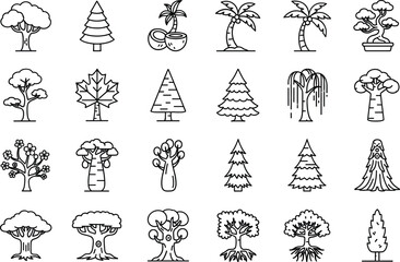 Tree icon set, black line style, cartoon botanical symbols, vector illustration, forest graphics, nature pack, educational design bundle