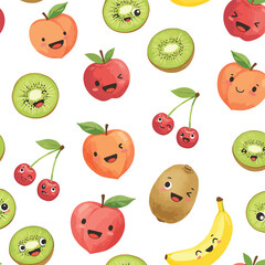 Playful fruit pattern illustration with cute smiling faces on a white background, seamless pattern, Stock royalty free image.