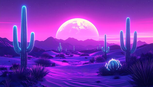 Vibrant Digital depicting a Desert Landscape a large , Glowing Moon