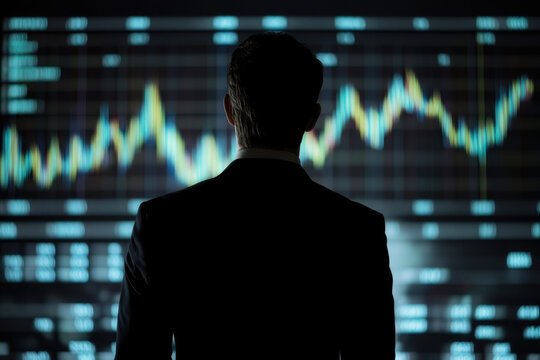 Businessman analyzing financial market data on digital screen, evaluating trading charts and business growth