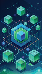 Obraz premium Abstract networked data cubes illustration with geometric shapes and lines representing connection and digital technology