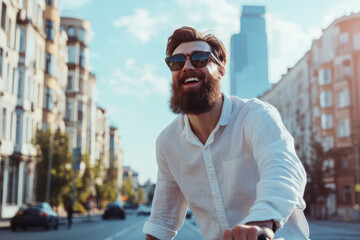 Stylish bearded businessman riding bicycle and laughing in city center