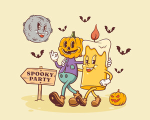 Halloween Groovy Pumpkin Spice and Candle Retro Characters. Cartoon Jack Lantern Walking and Smiling. Vector Autumn Holiday Moon Mascot Template. Happy Vintage Cool Illustration Isolated