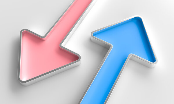 Pink and blue arrows pointing in opposite directions 3d
