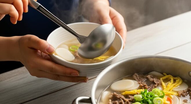 Close-up of Korean hands ladling tteokguk into a bowl for New Year