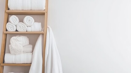 A minimalist wooden ladder displays beige towels alongside elegant vases against a clean white backdrop, creating a tranquil and inviting wellness atmosphere