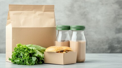 A collection of eco-friendly kraft paper food packaging including takeout boxes and cutlery bags arranged on a solid background, highlighting sustainable dining options