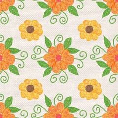 Seamless Embroidery Flower Pattern, Orange and Yellow Floral Textile Design