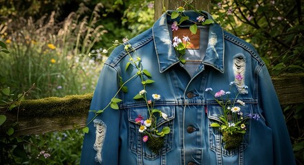 A denim jacket, adorned with moss and wildflowers, hangs on a wooden fence in a sun-dappled, natural outdoor setting.