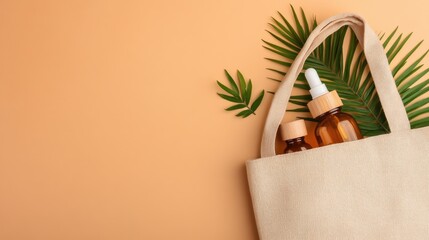 This flat lay features a beige tote bag filled with natural beauty products surrounded by vibrant green leaves, offering ample space for branding or text placement