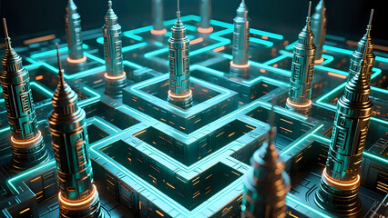Maze-like grid of metallic towers with neon paths of light, endless depth effect.