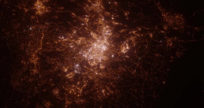 Jerusalem (Israel) aerial view at night. Satellite view on modern city with street lights. Camera is flying above the city, moving forward