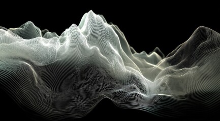 Abstract mountain range, composed of interwoven, translucent lines and shapes, creating a sense of depth and movement