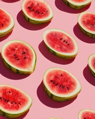 Watermelon halves arranged in a grid pattern on a pink background