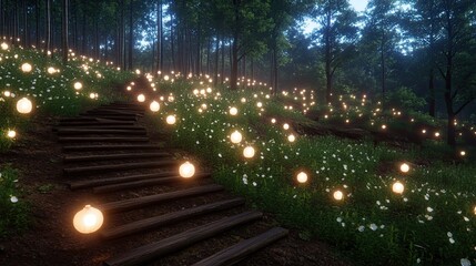 Obraz premium A wooden staircase winds through a lush bamboo forest, softly lit by glowing lanterns, creating a serene and inviting path in the night