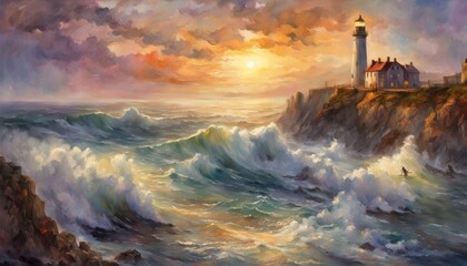 A lighthouse at sunset watching over a dramatic sea.