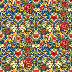Ornate pattern featuring roses, hearts, birds, and floral elements on a blue backdrop, patern seamless, Stock royalty free.