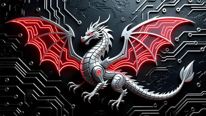 Futuristic dragon in embossed platinum circuits, wings glowing neon fractals.