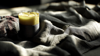 Yellow candle on textured silk fabric with low key lighting and dramatic shadow mood, soft glow and intimate still life scene evoking calm and warmth