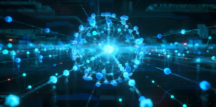 A glowing blue molecular structure surrounded by interconnected nodes in a digital space