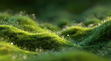 Dew-kissed moss landscape. Soft, vibrant green moss covered hills, dotted with tiny water droplets
