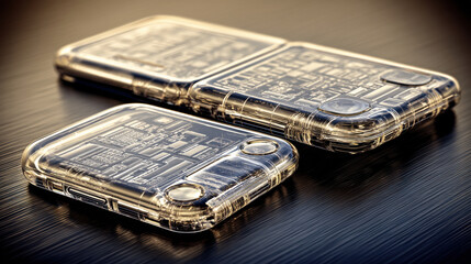 Transparent foldable smartphone clear case dual camera hinge design glossy surface metallic background modern gadget modular circuit sleek technology portable device with calm allure