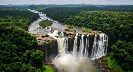 Majestic Waterfall Cascading Through Lush Green Forest.