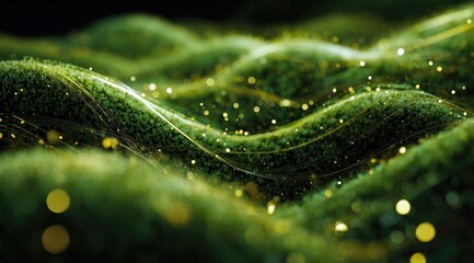 Green moss-like landscape with golden threads and lights