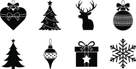 Black silhouette illustration of eight Christmas and winter icons, festive decoration and holiday symbol collection, vector art, flat design, minimal style
