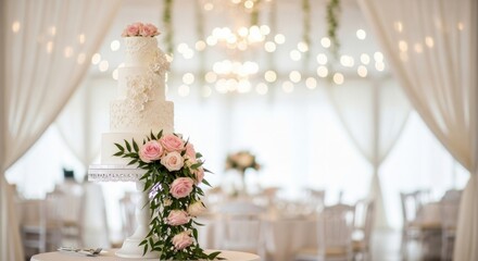 Elegant wedding cake adorned with pink roses in a bright venue with white curtains and soft lighting for a romantic celebration isolated on white background