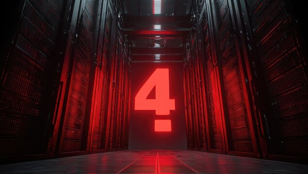 Dark server room hallway, red glow, numeral 4