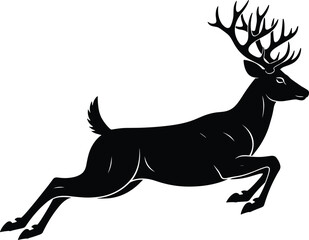 Black silhouette illustration of leaping deer with large antlers, wildlife and nature concept, vector art, flat design, minimal and dynamic style