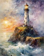 A lighthouse at sunset watching over a dramatic sea.