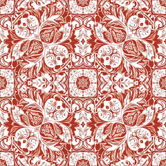 Fototapeta premium Ornate floral pattern with symmetrical design in shades of red and white, patern seamless, royalty stock.