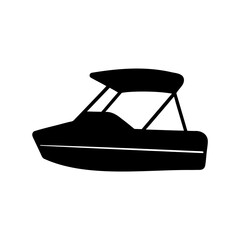 Sleek silhouette of a motorboat cruising on water with awning over passengers