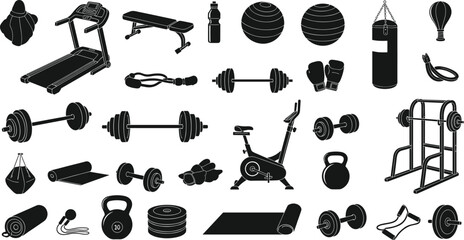 Black silhouette illustration of gym and fitness equipment, workout and exercise gear collection, sports training concept, vector art, flat design, minimal style