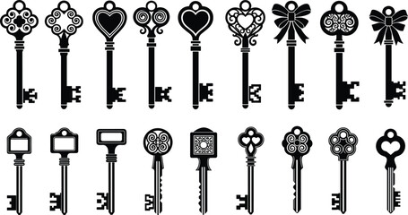 Black silhouette illustration of sixteen vintage keys, ornate and geometric designs, antique key collection concept, vector art, flat design, minimal style