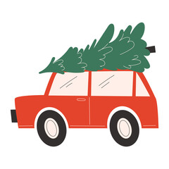Red car carrying Christmas tree on roof for festive holiday celebration