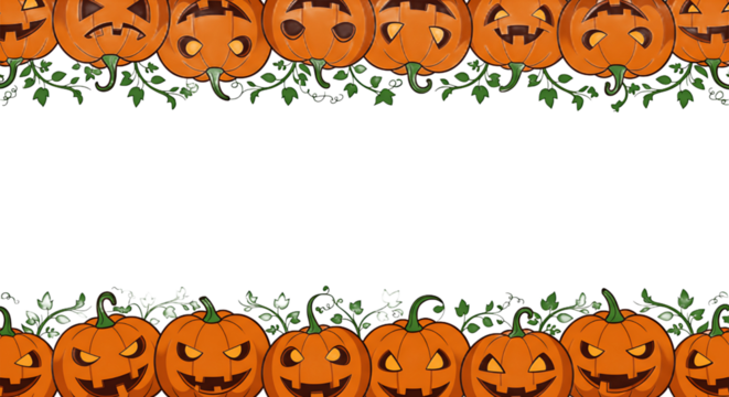 A festive Halloween border featuring carved pumpkins with various expressions and green vines.