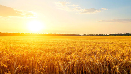 Obraz premium Golden Wheat Field Shines Under the Warm Sunset, Agriculture and Harvest
