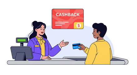 Illustration of cashier and customer using credit card, cashback offer displayed above. Represents online or retail transaction, showcasing payment and rewards system