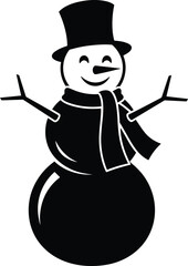 Black silhouette illustration of snowman with top hat and scarf, winter holiday and Christmas decoration concept, vector art, flat design, minimal style