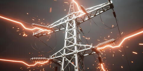 Electricity Transmission Tower with Sparks and High Voltage Lines
