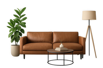 Cozy living room scene with brown leather sofa coffee table plant and floor lamp transparent background