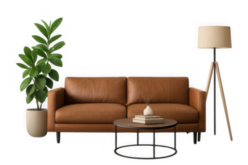 Cozy living room scene with brown leather sofa coffee table plant and floor lamp transparent background