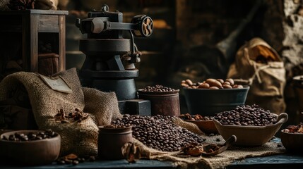 Vintage coffee grinder and beans still life