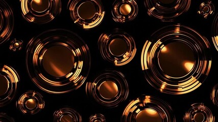 Abstract metallic circles glowing in warm golden light, futuristic industrial texture background with depth and motion, luxury technology concept, cinematic design pattern, and modern digital art - Powered by Adobe