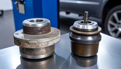 Two metal automotive parts on a table