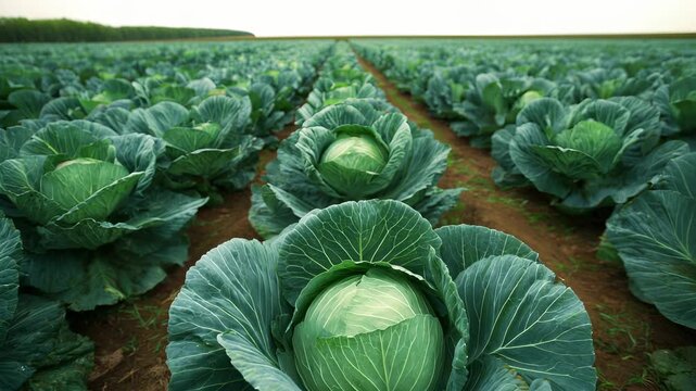 Large green cabbage heads growing in rows on field under daylight, farming video still.