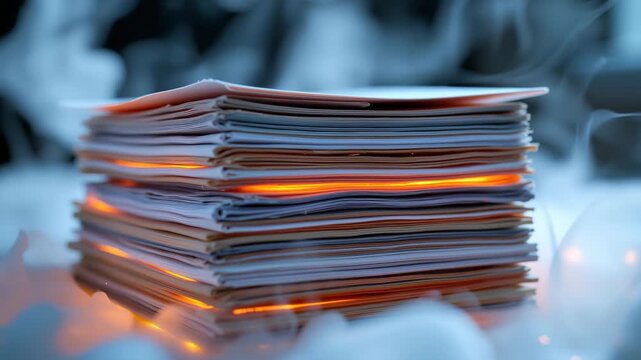 Glowing Documents Pile: a detailed photo depicting a stack of official documents, where a warm light emanates from within, evoking a sense of intrigue and important information.
